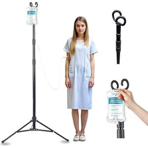 TidyFriend Steel Tripod IV Pole, Portable IV Pole Stand, Adjustable 30 72 in Height, Collapsible Stand with 2 Hooks & 3 Legs, Lightweight & Travel Friendly, For Home, Hospitals & Clinics (Black)