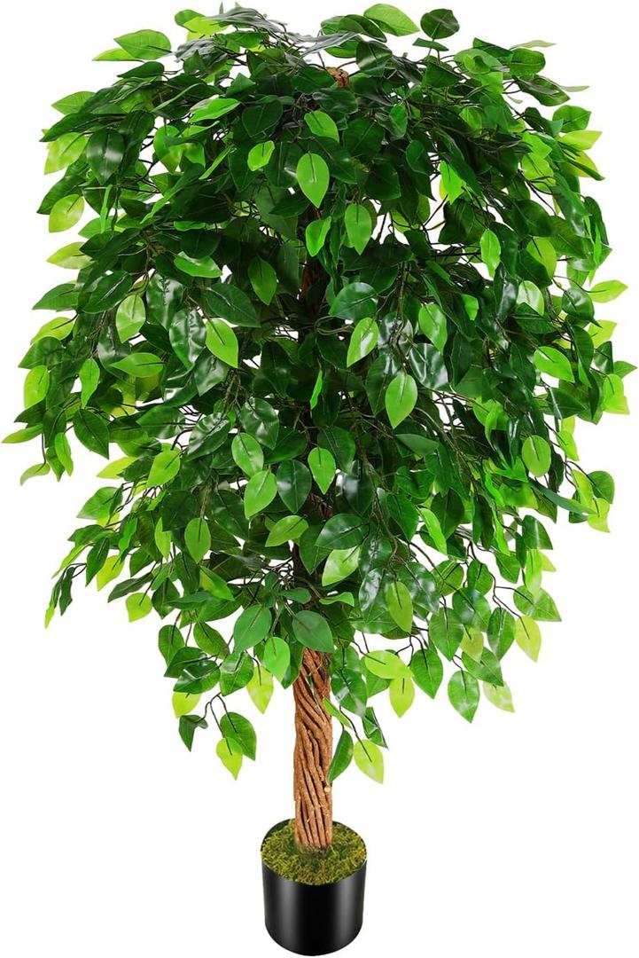 5ft Artificial Ficus Silk Tree (60in) with Plastic Nursery Pot Faux Tree, Fake Plant for Office House Farmhouse Living Room Home Decor (Indoor/Outdoor)