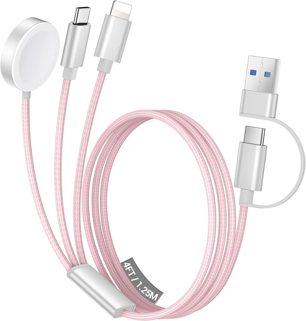 Temdan for Travel Vacation Essentials,3 in 2 USB C Cable for Apple Watch Charger/iPhone 16 Charger/Lightning,Multi Charging Cable Cord,Camping Essentials,Designed for iWatch & iPhone 16-12-4FT Pink