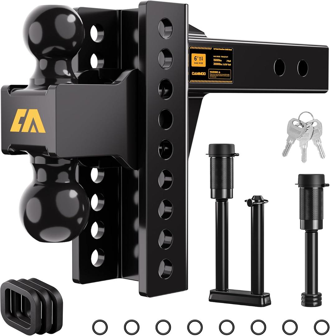 CAMMOO Adjustable Trailer Hitch, Tow Hitch Fits 2.5 inch Receiver, 6 inch Rise/Drop Hitch, 2" and 2-5/16" Ball Hitch, 22000 LBS GTW Truck Hitch with U-Shaped Alloy Steel Anti-Theft Pin, Black