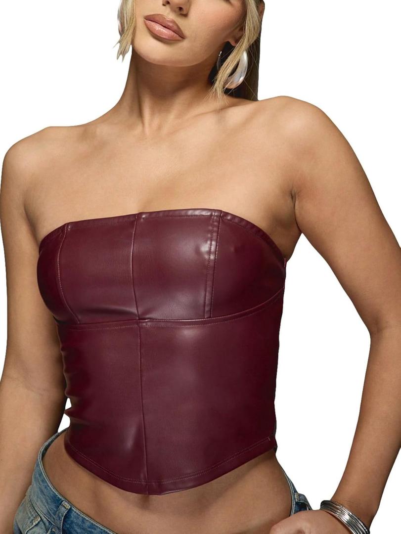 Verdusa Women's Leather Top Backless Tube Top Strapless Crop Corset Tops Going Out Outfits (X-Large, Burgundy)