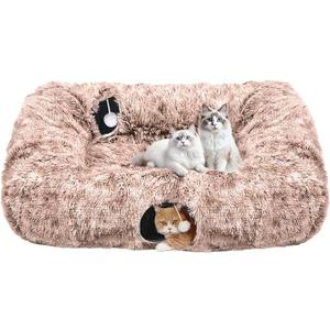 Extra Large Cat Tunnel Bed, 4 Ways Tunnels for Indoor Cats, Multi-cat Family Pet Bed & Cave, Plush Cat Donut with Washable Middle Mat, Exit Balls, Pet Play Toy for Kitten Puppy Rabbit, Brown