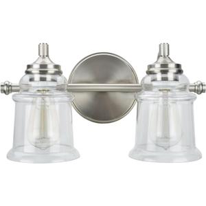 Aspen Creative 62082, Two-Light Metal Bathroom Vanity Wall Light Fixture, 15 1/4" Wide, Transitional Design in Brushed Nickel with Clear Glass Shade
