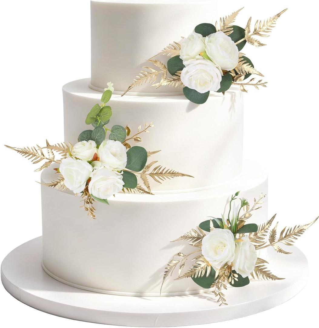 3PCS Ivory Cake Flowers Wedding Cake Topper Flowers for Cake Decorating Floral Cake Decorations for Wedding Anniversary Birthday Party Home Decor (Ivory White), Length: 13cm, Width: 5.42cm