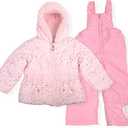 OshKosh Bgosh Baby Girls Hooded Winter Puffer Jacket With Faux Fir Trim, Pink With All-Over Leopard Pattern and Snowbib, S