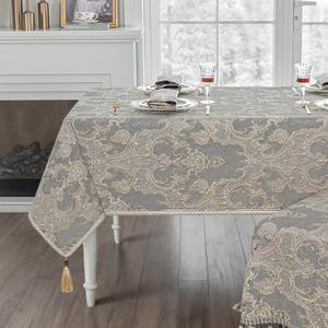 Loom and Mill Luxury Rectangle Tablecloth 60 x 120 Inches, Classic Elegant Damask Golden Texture Waterproof Table Cover with Tassels for Dining Table Banquet Decorations(Beige, 60x120 Inch)