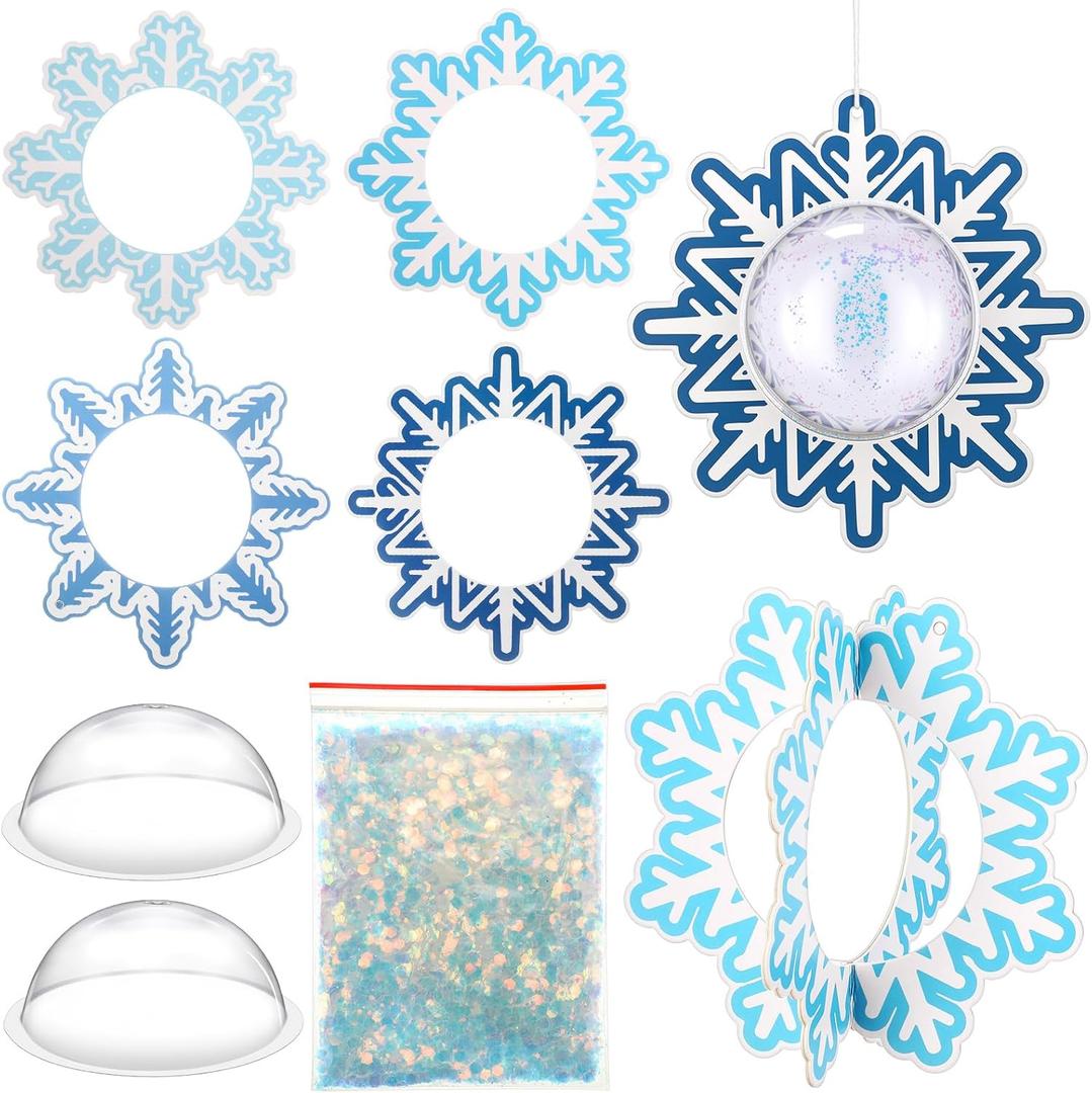 24 Pack Christmas DIY Shaking Ornament Snow Globe Craft Kit Winter Snowflake Globe Hanging Ornament with Glitter Sequins Papers Tree Hanging Decor for Home School Xmas Holiday