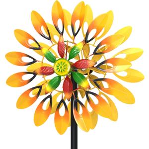 Metal Sunflower Wind Spinner Outdoor, 13" W x 64" H Large Double Windmill Pinwheels with 5 Prong Stake, Kinetic Wind Sculpture for Backyard Garden Patio Lawn Art Decor Yellow