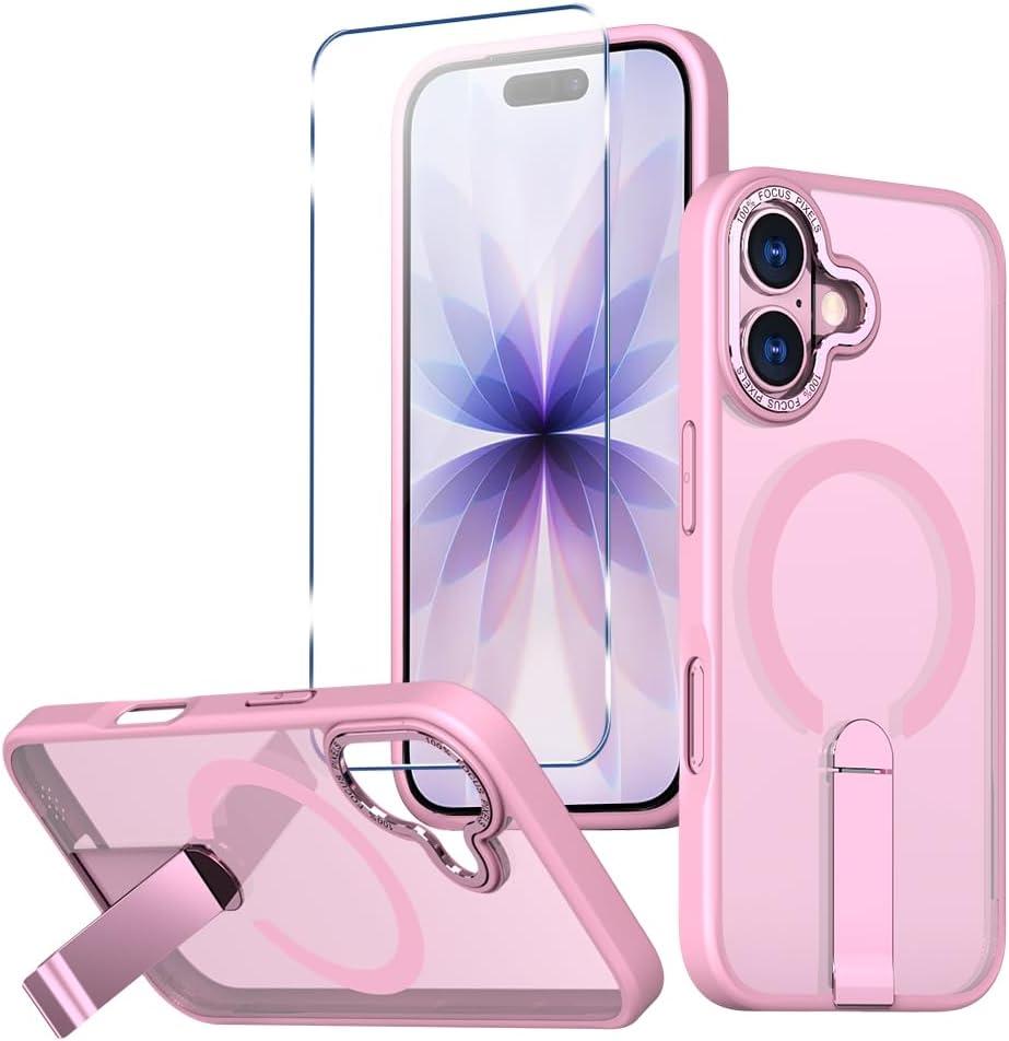 Magnetic for iPhone 17 Stand Case with Screen Protector, [Full Camera Protection] (Compatible with MagSafe) Military Grade Drop Protection, Translucent Matte Bumper Cover Case, Pink