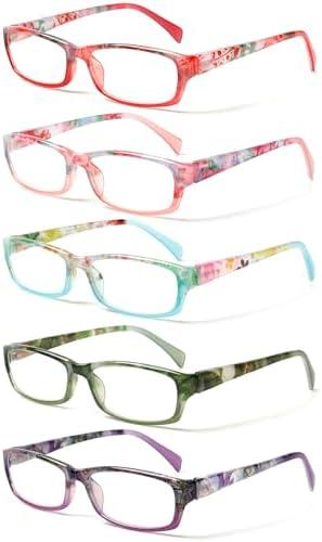 Kerecsen Reading Glasses 5 Pairs Fashion Ladies Readers Spring Hinge with Pattern Print Eyeglasses for Women (Mix Color -8, 4.50)