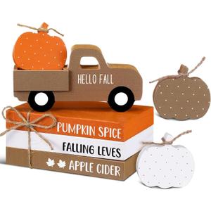 7 Pcs Thanksgiving Fall Table Decor Farmhouse Wooden Fall Signs with Book Stack 3D Truck and Pumpkins for Tiered Tray Autumn Wooden Table Centerpiece for Harvest Mantle Home Bookshelf Gift
