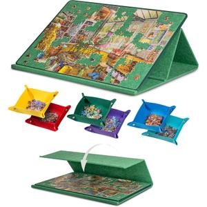 1000 Pieces Portable Jigsaw Puzzle Board with 6 Colored Sorting Trays, Tilting Puzzle Boards with 2-in-1 Stand & Cover, Lightweight Felt Jigsaw Table with Angle Adjustments - Green