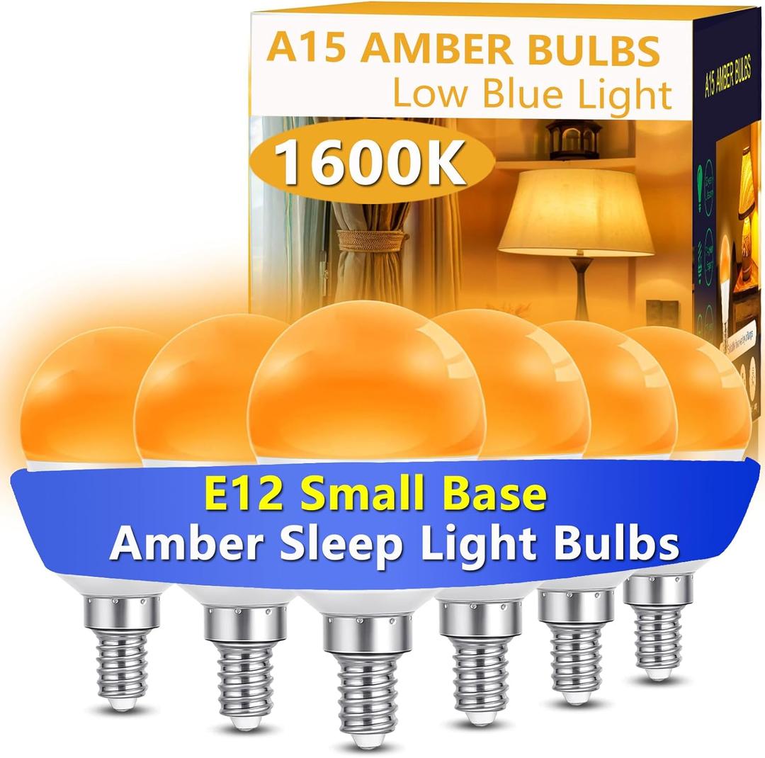 E12 Small Candelabra Base Amber Sleep Light Bulb Dimmable1600K Blue Light Blocking, A15 Warm Night Light Bulbs 25W 40W Equivalent, 3W 300LM Dim Lamp Bulbs for Healthy Sleep, Bedroom 6Pack