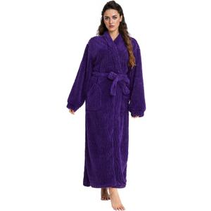 Artfasion Womens Long Fleece Robe - Warm Soft Floor Length Flannel Bathrobes for Winter Thicker Long House Coat with Pockets (Large-X-Large, Grape Purple)