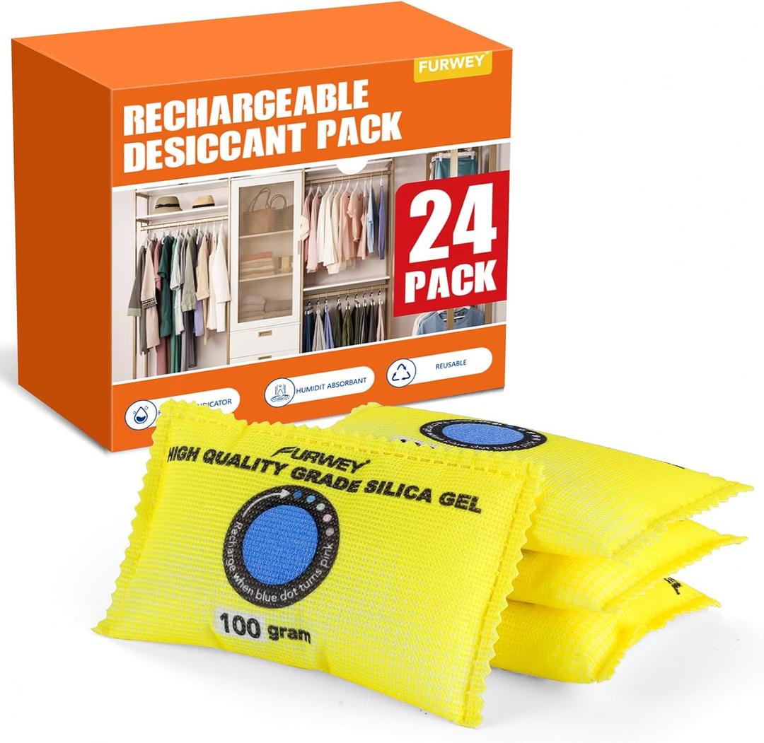 100g (24 Packs) Rechargeable Desiccant Packs for Storage, Color Indicating Silica Gel Desiccant Packets, Moisture absorbers for storage,Dehumidifier bag for Closets,Cars,Storage Bins (Yellow)