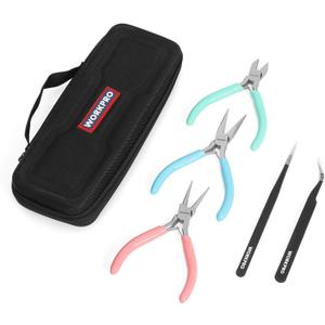 WORKPRO 5-Piece Jewelry Pliers Kit - Round Nose, Chain Nose, Wire Cutters, Pointed & Curved Tweezers, Case Included