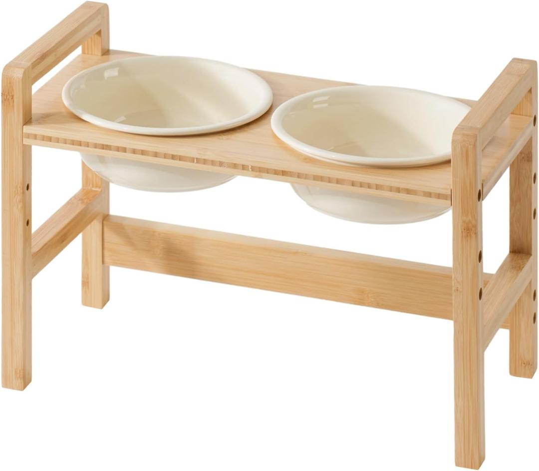 Ceramic Adjustable Raised Dog Bowls with Durable Non-Slip Bamboo Elevated for Medium Dog Food and Water Bowl Pet Feeding Dish(Double 6.9" Bowl, Cream White)