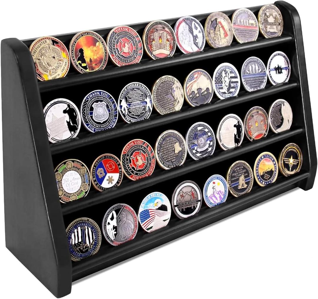 4 Rows Wooden Military Challenge Coin Display Case Wall Mount - Army Coin Collectibles Holder Display Stand Rack, Black