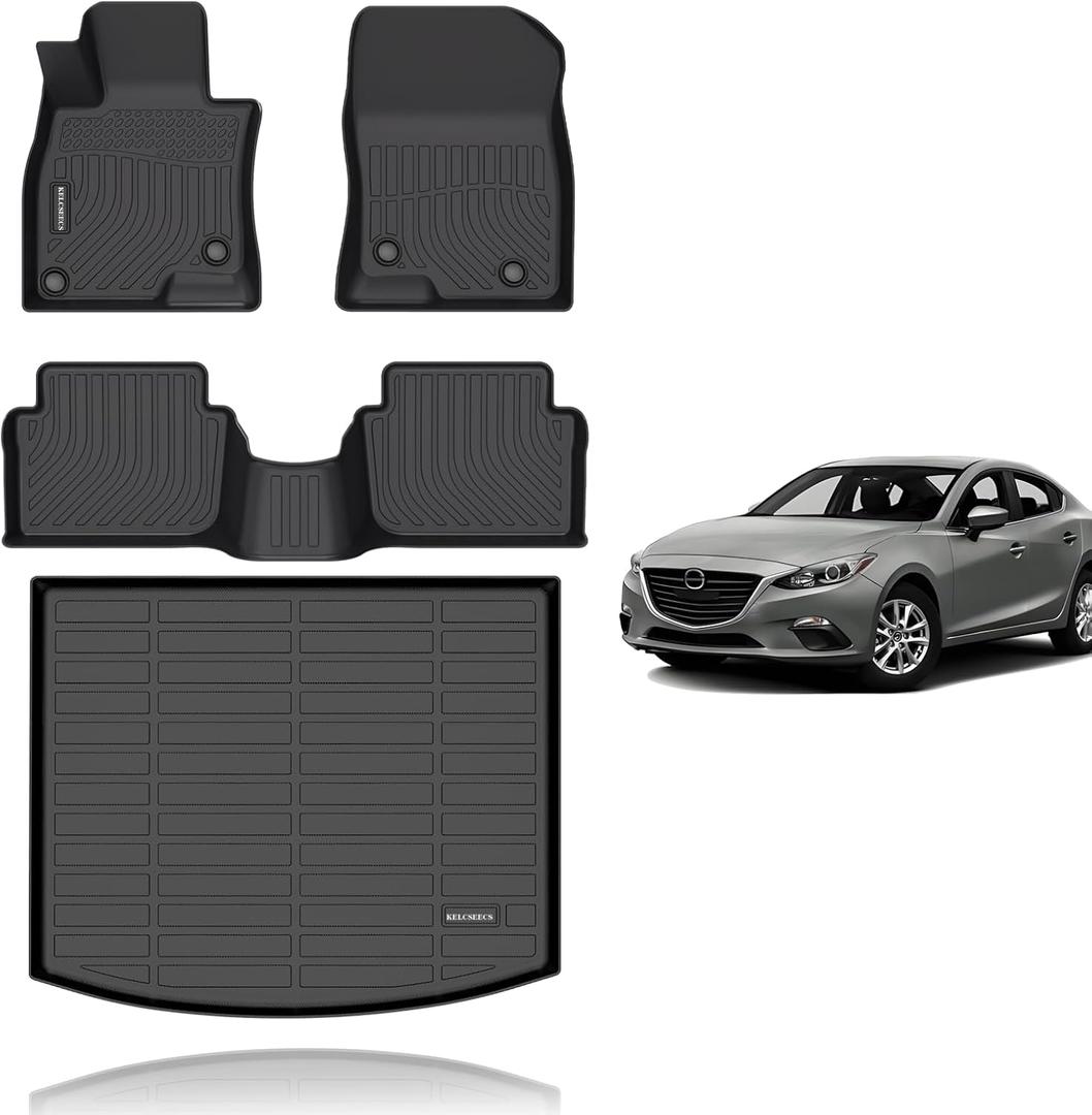 KELCSEECS Floor Mats & Cargo Liner Custom for 2014-2018 Mazda 3(Only Fits Hatchback),All Weather Protection TPE Floor Liners Front & Rear Row Full Set Accessories Black