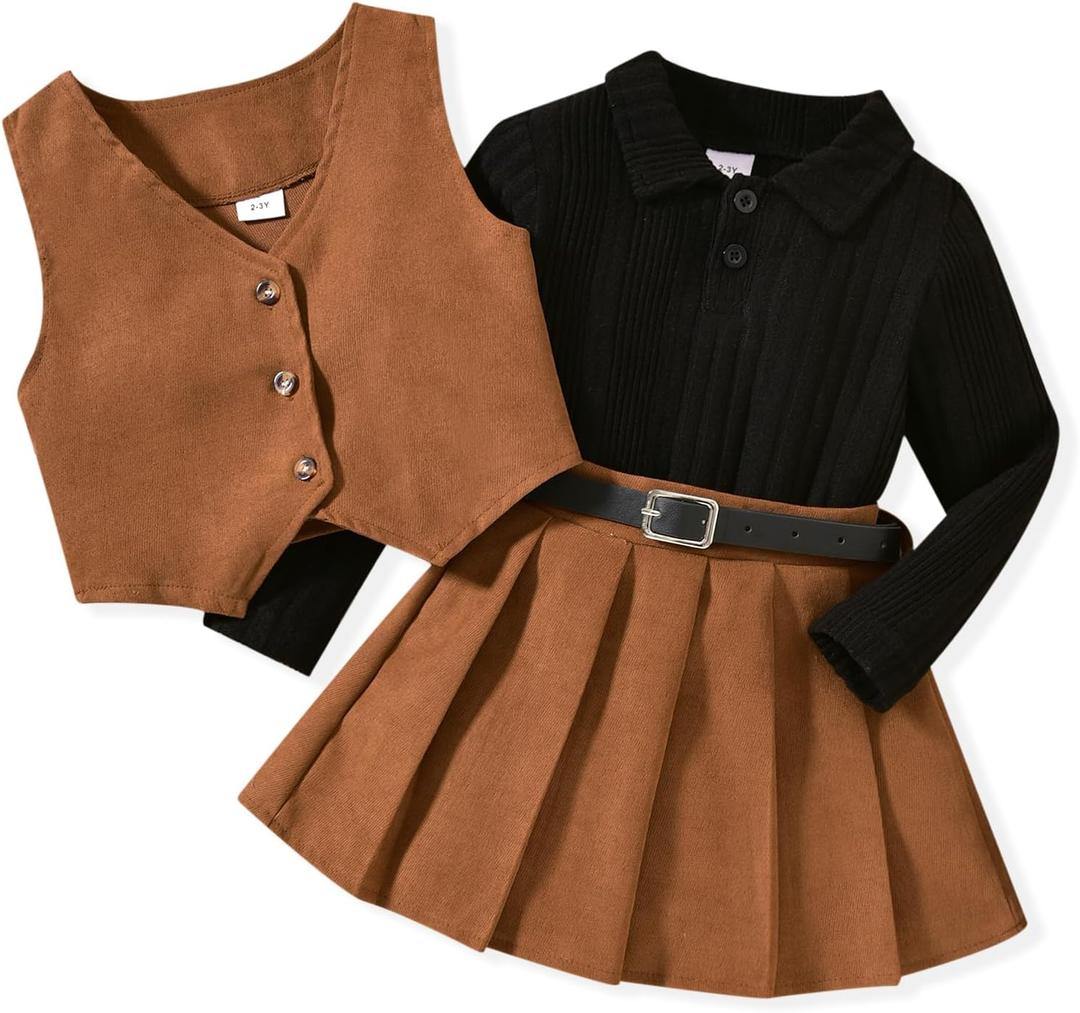 HINTINA Toddler Little Girl Sleeveless Button Vest Ribbed Long Sleeve Collar Top And Pleated Skirt With Belt (4-5T, Brown)