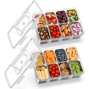 2 Pack Snackle Box Container with 8 Removable Stainless Steel Containers  Clear Divided Serving Snack Tray with Lid & Handle  Leak-Proof for Wet/Dry Food  Perfect for Parties, Travel, Office