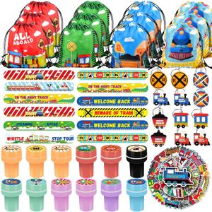 TOQI 98 Pcs Train Party Favors,Train Print Party Supplies Include Stickers Stamps Keychains Slap Bracelets and Drawstring Bags Party Decorations for Kids TrainTheme Birthday supplies (A-Train)