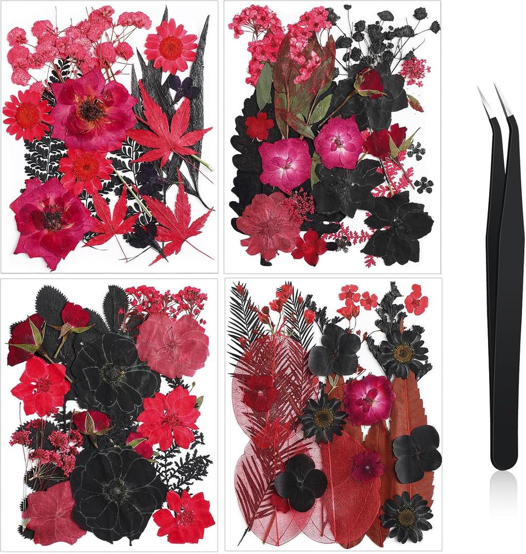 Nuanchu Black Red Dried Pressed Flowers for Crafts Christmas Dried Flowers Real Natural Pressed Wildflowers with Tweezer for Resin Mold Scrapbooking Nail Soap Candle Card Making Cake DIY Art Jewelry