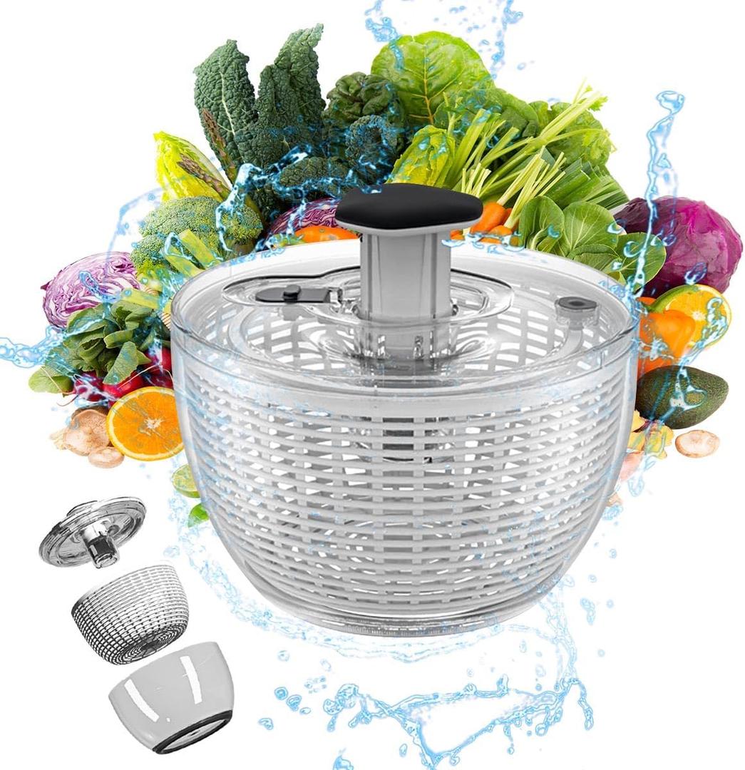 Salad Spinner with Bowl 3.8Q, Vegetable Washing Machine Fruit Clean Washer Drainer Lettuce Rotary Dryer, Manual Mixer Food Drain Basket Strainer Double Detachable Kitchen Restaurant Prep Container