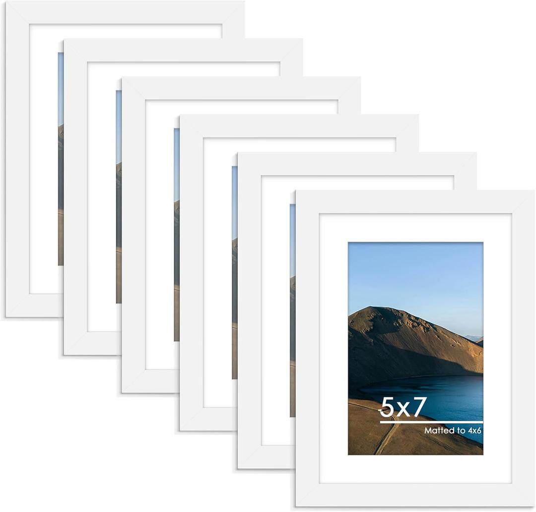PEALSN 5x7 Picture Frame Set of 6, Display Pictures 4x6 with Mat or 5x7 without Mat for Wall Mounting or Table Top Display, Photo Frames Collage for Wall Decor, White