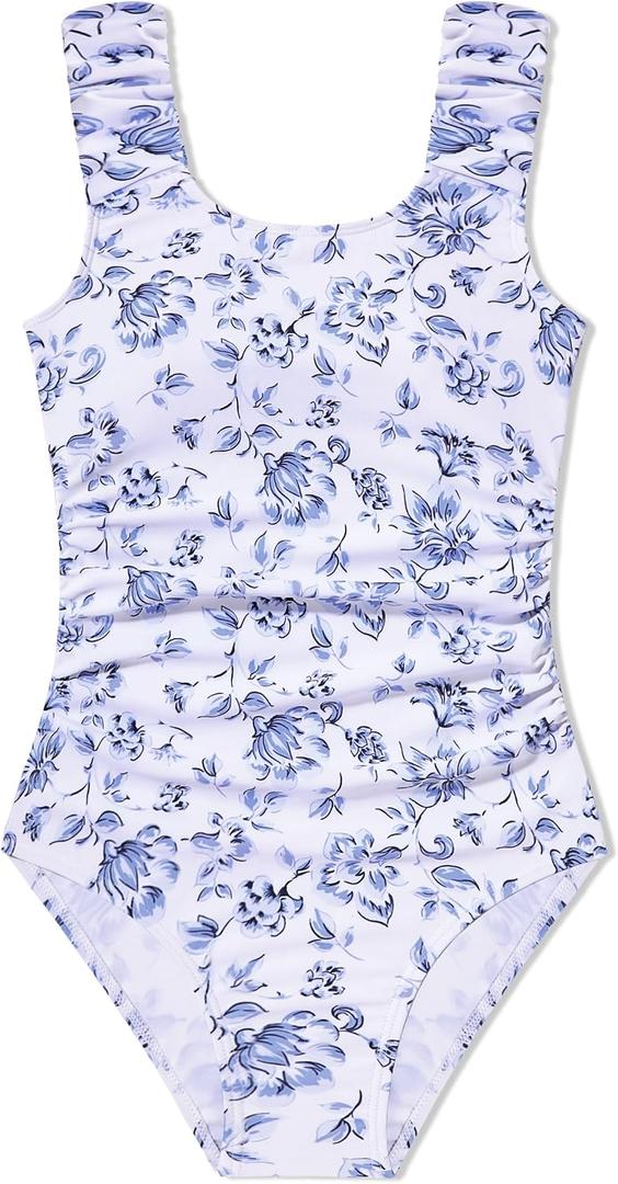 Girls Swimsuits One Piece Ruched Sleeveless Swimwear Back Cut Out Girls Bathing Suit for 13-14Years