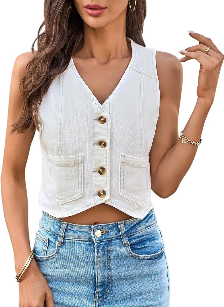 Yousify Women's Summer Tops Denim Vest Sleeveless V Neck Button Down Jean Y2k Crop Jacket With Pocket (Large, Beige)