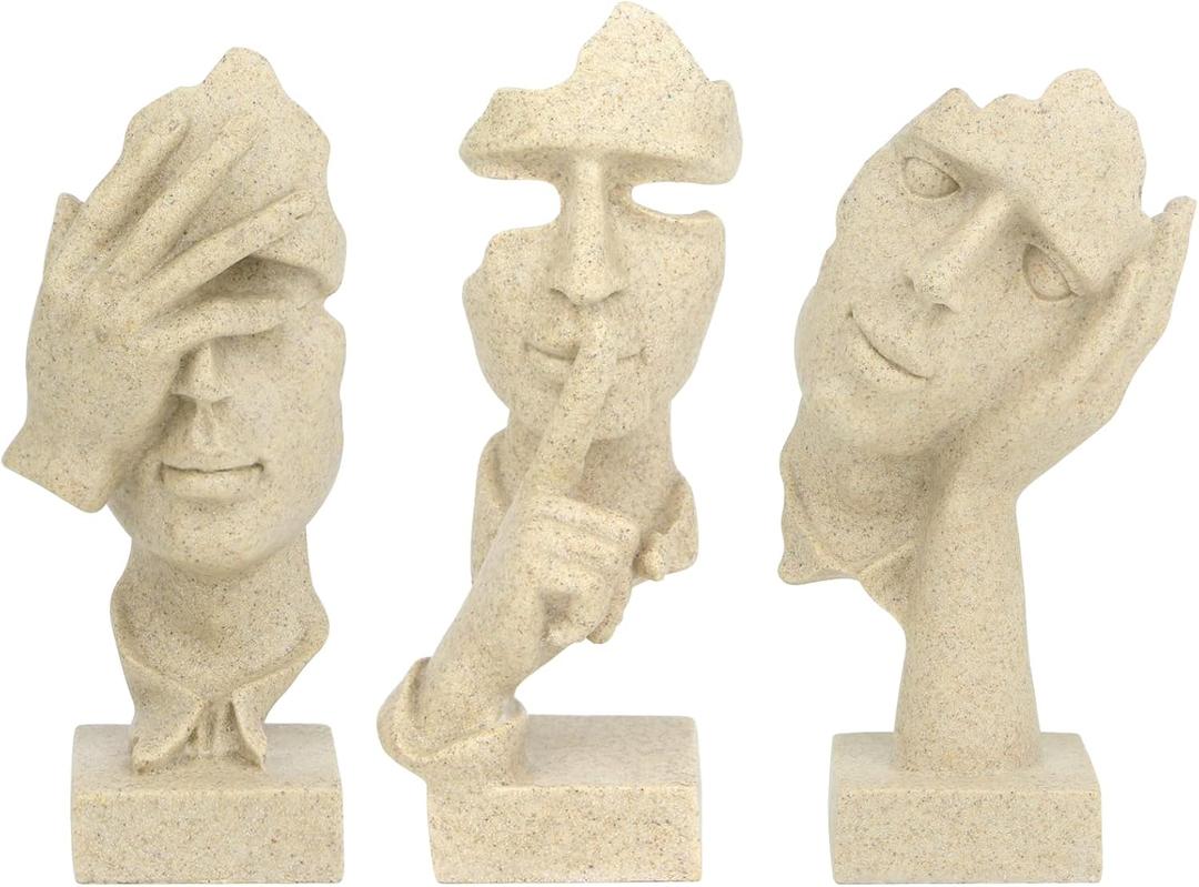 3 Pcs Thinker Statue, Silence is Gold Abstract Art Figurine, No Hear No See No Speak Modern Home Resin Sculptures Decorative Objects Decor for Home Office Bookshelf Desktop(Sandstone) (3 Pcs Sandstone)