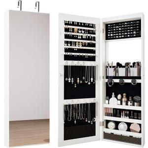 Mirror Jewelry Cabinet,Lockable Wall or Door Mounted Jewelry Armoire Organizer With Built-up Mirror,LED Lights, Drawers,Cosmetic Trays,Shelves, 14.4"x3.15"x 43.1"White