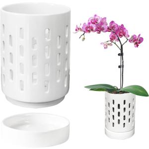 Orchid Pots with Holes,4 Inch Ceramic Orchid Pot for Repotting, Plant Pot for Repotting Orchids and Other Flowers - Indoor/Outdoor White (Carved)