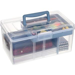 BTSKY 2 Layer Clear Plastic Dividing Storage Box with Removable Tray Multipurpose Stationery Storage Box with Handle Portable Sewing Box Art Craft Supply Organizer Home Utility Box (Big Blue)