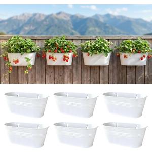 LaLaGreen Wall Planter (9.8 Inch, 6 Pack) White Oval Metal Pot Hanging Decor Flower Railing Fence Pots Mounted Indoor Plant Holder Porch Decorations Drainage Garden Plants Planters Balcony Home Yard
