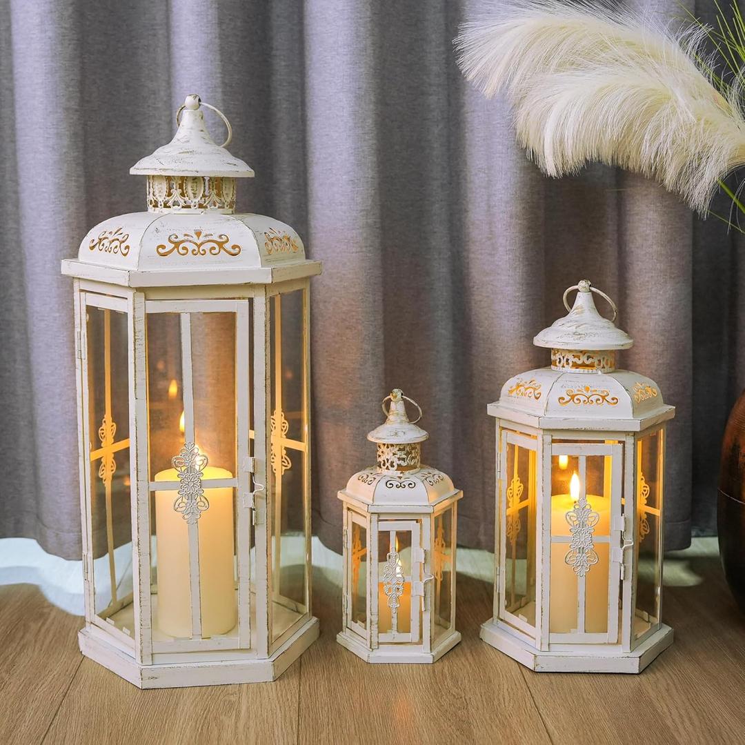 JHY DESIGN Set of 3 Decorative Candle Lanterns 20''&14"&10" H Outdoor Candle Lanterns Vintage Metal Cand leholder for Indoor Outdoor, Events, Parities and Weddings(White with Gold Brush) JHY DESIGN Set of 3 Decorative Candle Lanterns 20''&14"&10" H Outdoor Candle Lanterns Vintage Metal Cand leholder for Indoor Outdoor, Events, Parities and Weddings(White with Gold Brush)