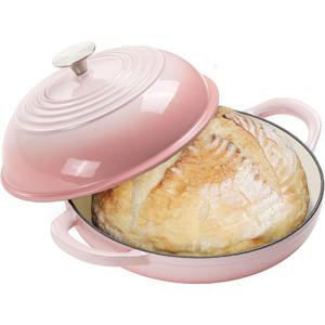 Enameled Round Cast Iron Bread Oven, 6 Qt Cast Iron Dutch Oven for Homemade Sourdough Bread Baking, Bread Dome Pot with Cloche Lid (Gradient Pink)