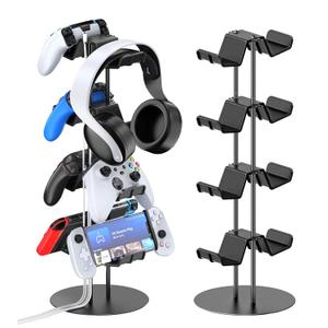Controller Holder for PS5/PS4/Xbox/Switch, Headphone Stand with 2 USB Charging Ports and Type-C and Headphone Jack, Headset Holder with Cable Organizer, Controller Stand for Desk, 4 Tiers