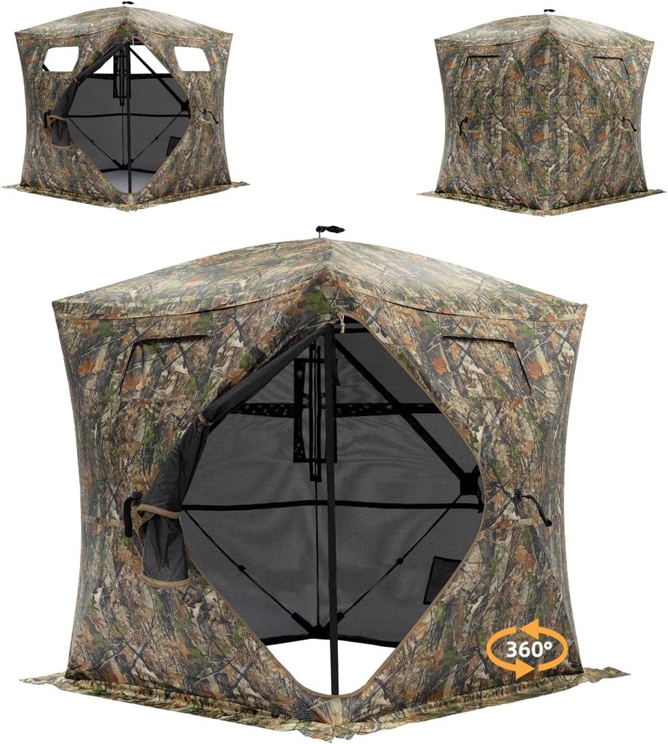 Hunting Blind - 2-3 Person & 3-4 Person 360/270 See Through Ground Blinds for Hunting Deer and Turkey, Pop Up Deer Blind with Single Door/Dual Doors, Portable Carry Bag and Quiet Fast, 2-3 person 360 with Diamond-shaped door