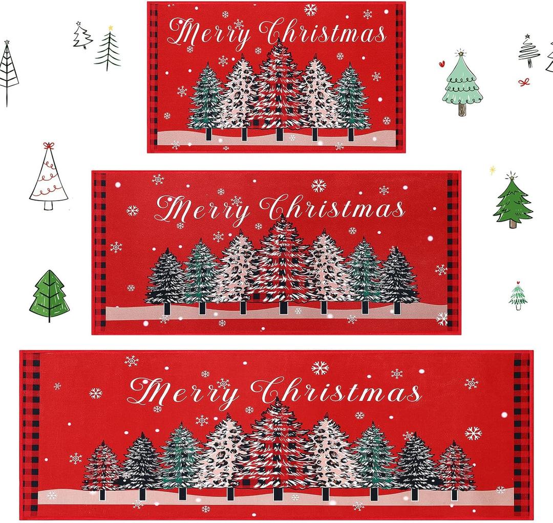 Breling 3 Pcs Merry Christmas Kitchen Rugs Mat Sets 20 x 32/47/59 Inches Non Slip Xmas Front Entrance Doormats Large Washable Welcome Carpet for Holiday Indoor Outside Porch Home Floor Decor(Tree)