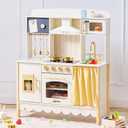 Wooden Play Kitchen for Toddlers, Modern Kids Kitchen Playset with Realistic Lights & Sounds, Toy Kitchen Set with 25 Pcs Accessories, Pretend Play for Girls & Boys Ages 3+, Cream White