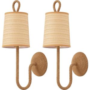 Boho Natural Rattan Wall Sconce Set of 2 Hand Woven Wall Lamp Rustic Wicker Wall Lights for Bedside Hallway Vanity Stairway Fireplace Living Room, UL Listed