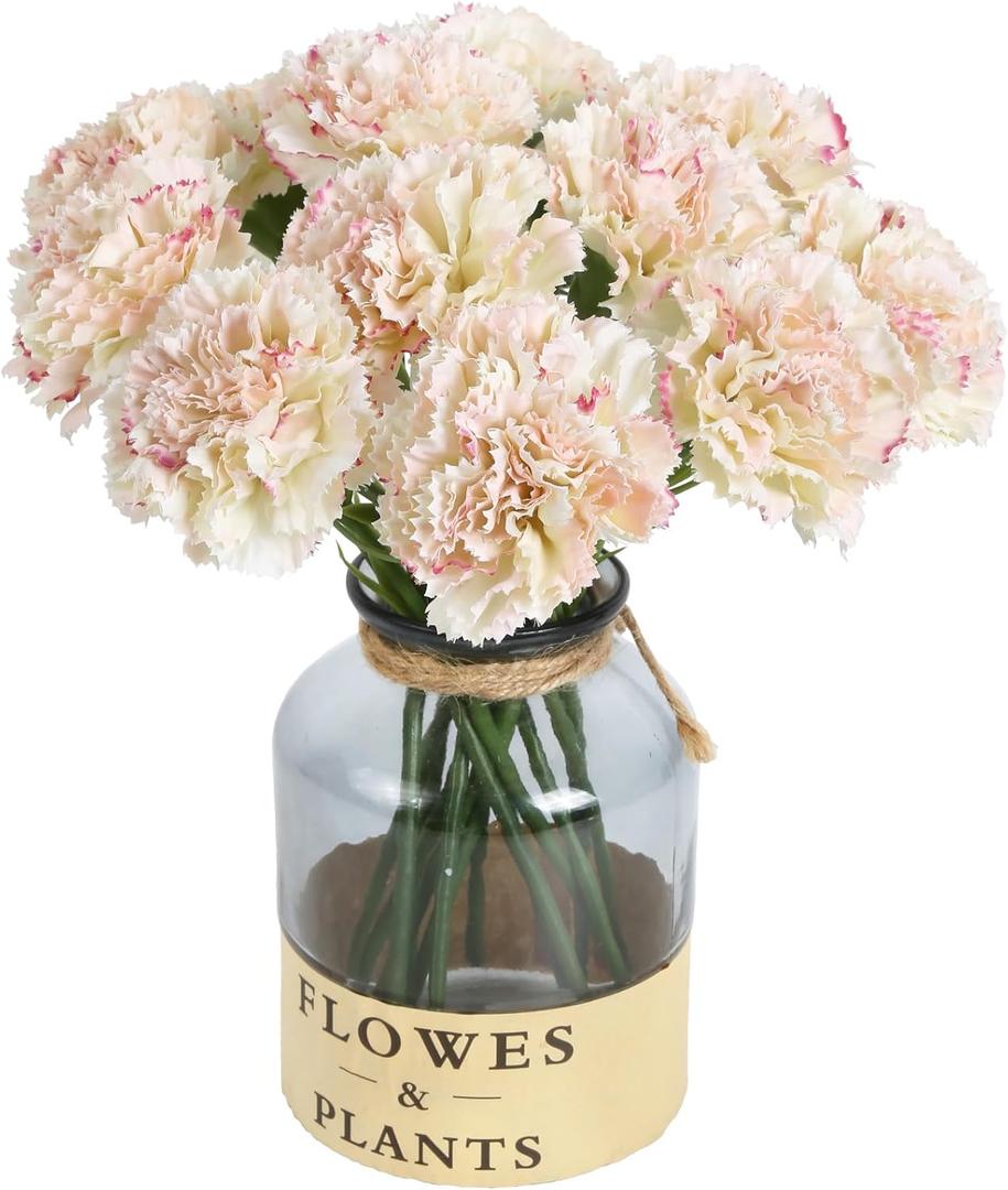 Artificial Carnations Pink Silk Flowers 15pcs Fake Carnation Artifcial Flowers with Stems for Home Decor Wedding Bridal Bouquet Anniversary Birthday Floral Arrangements (Pink in White)