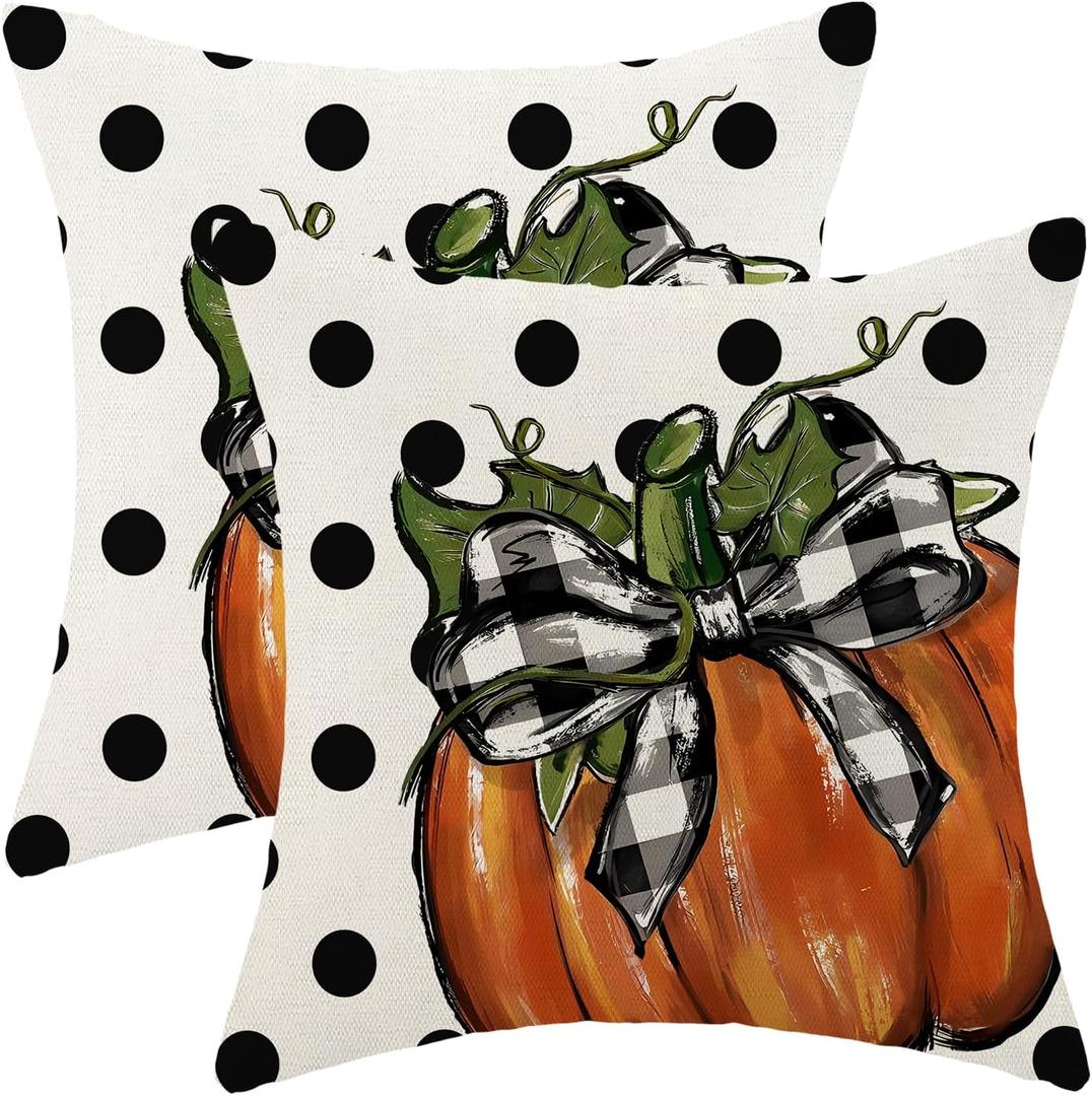 Fall Pillow Covers 18x18 Inch Set of Polka Dot Orange Pumpkin Throw Pillow Covers Outdoor Decoration,Autumn Thanksgiving Decor Pillowcase Farmhouse Linen Decorative Cushion Cover for Home Couch
