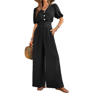 LOOKBOHO Womens Jumpsuits Short Sleeve V Neck Dressy Casual Wide Leg Pants Romper 2026 Summer One Piece Outfits (Medium, Black)