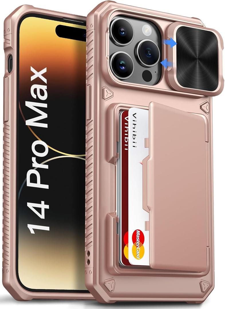 Vihibii for iPhone 14 Pro Max Case with Card Holder (4 Cards), [RFID Blocking] & Slide Lens Camera Cover, Military Grade Drop Protection, Rugged Heavy Duty Wallet Phone Case, 6.7" 2022, Rose Gold