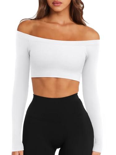 LASLULU Womens White Crop Top Off The Shoulder Tops Seamless Long Sleeve Workout Crop Top Sexy Athletic Gym Yoga Pilates Going Out Tops Shirts (White, Large)