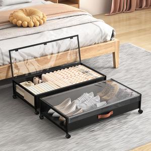 Under Bed Storage with Wheels, XXL Larger Under Bed Storage Containers with Clear Lids, 31'' Lengthen Under Bed Shoe Organizer for Shoes Clothes(Black 2 Pack, XXL(31"x16.6"x7.48"))