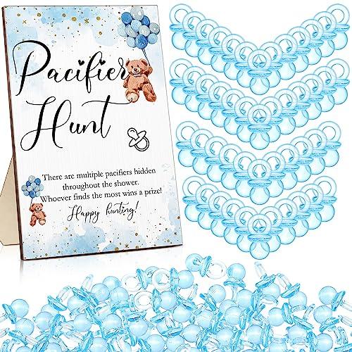 Roowest 51 Pcs Pacifier Hunt Baby Shower Game, Include Wooden Hunt Sign Bear Themed Baby Shower Sign Board with 50 Acrylic Pacifier Game for Gender Reveal Party(Blue)